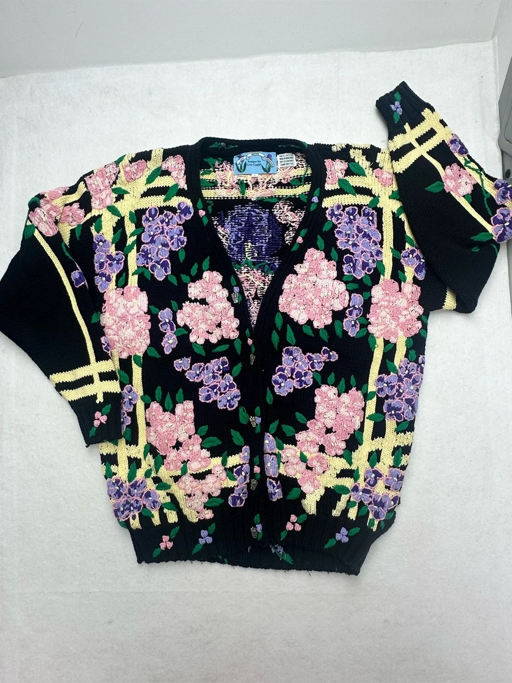 Vintage Hand Knitted Lisa Coufal Floral Sweater 100% Cotton 3D Embroidery Size L